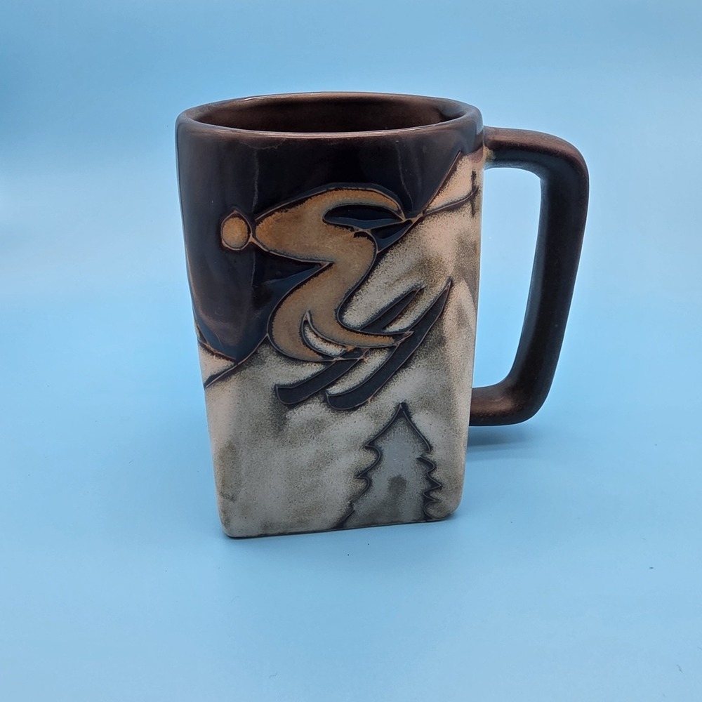 Mara Signed Stoneware Mug Skiers Mountains Snow‎ Square Coffe Tea Cup
